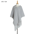 Thick grey loop yarn poncho sweater with fringe tassels for women in autumn and winter - Light Gray