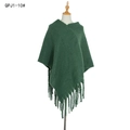 Thick dark green knit shawl with textured boucle yarn and long tassel hem detail - Green