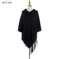 Thick black knitted mohair-style poncho with V-neck and long fringe tassels - Black