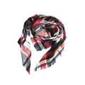 Detail view of soft cashmere feel plaid scarf with red and black tartan pattern and tassels - White Red