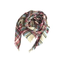Detail of colorful plaid cashmere-like scarf showing fringe edges and soft knit texture - Light Camel
