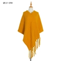 Ginger yellow chunky knit poncho with V-neckline and asymmetrical fringe tassel hemline - Ginger Yellow