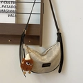 Champagne gold crescent bag in PU denim style with fashion label and plush charm - With Monster Pendant / Gray