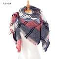 Thick plaid winter scarf in red and navy blue on mannequin with fringe detail - Navy Blue (FJ5-05#)