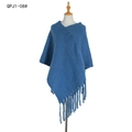 Thick blue bouclé knit poncho for women featuring long tassels and asymmetric wrap design - Denim Blue