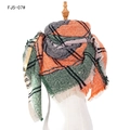 Thick plaid scarf in green, orange, and grey with fringe tassels on a white model mannequin - Orange (FJ5-07#)