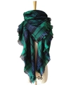 Classic navy blue and forest green plaid cashmere-like scarf with fringe details FX-06 - Green