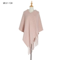 Pink chunky knit poncho with loop yarn texture, V-neck and long fringed hem design - Water Pink