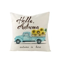 Fall pillow cover with blue vintage truck and sunflower print on beige linen texture - 45x45cm / Autumn Is Here Pickup Style (JYM130-12)