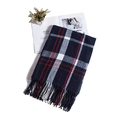 Detailed view of dark blue plaid scarf with fringes and colorful checkered pattern - 190x65cm / Navy Blue