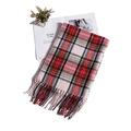 Close-up of red and beige plaid scarf with fringe tassels and cashmere-like texture - 190x65cm / Beige Red