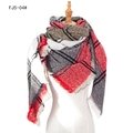 Thick red and grey plaid knit shawl with fringed edges on a mannequin stand - Red (FJ5-04#)