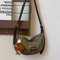 Retro army green semi-circle crossbody bag in PU denim style with brown plush charm - With Monster Pendant / Dark Brown