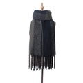 Detail of chunky tassel fringe on a thick two-tone gray and navy knit scarf - Navy Grey