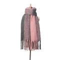 Detailed texture of thick knit pink and dark grey patchwork scarf with long tassels - Pink