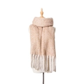 Winter scarf in camel and beige blend with thick white fringe tassels on mannequin - Khaki