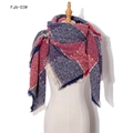 Thick red and blue checkered knit shawl with colorful flecks and fringe edges - Wine Red (FJ6-03#)