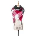 Plaid scarf with red, grey, and black check pattern and fringe trim on mannequin - 135x135cm / Navy Red
