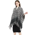 Poncho à carreaux pour femmes avec franges en gris foncé et motif orange - 133 cm / Noir