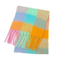 Thick winter mohair scarf with pastel rainbow checkered pattern and long fringe trim - Yellow Green Pink (38#)