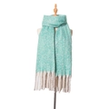 Winter chunky knit scarf with mint green and white fringe design on a mannequin - Lake Green