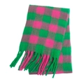 Thick mohair scarf with pink and green checkered pattern and long fringe tassels - Rose Green (42#)