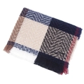 Macro detail of plaid scarf showing soft twill weave texture and fringed edges - Khaki