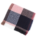 Detail of plaid scarf featuring herringbone weave texture and soft fringe tassels - Pink