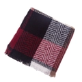 Detail showing the herringbone weave texture and soft tassel edges of the plaid scarf - Red