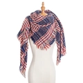 Close-up of red and blue striped scarf showing thick knit texture and frayed edges - Red Navy Plaid (FJ08-02)