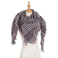 Close-up of multicolor plaid scarf with fringe edges on a display mannequin - Grey Plaid (FJ08-05)