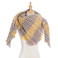 Detail of multi-color striped plaid scarf with fringe edges on a mannequin - Yellow Plaid (FJ08-07)