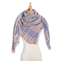 Close-up of thick multi-color plaid scarf with fringes in blue, orange and beige - Blue Plaid (FJ08-08)