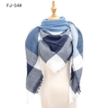 Classic checkered shawl scarf in navy blue and white with fringe detailing - Large Check Blue (FJ-54#)