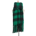 Thick knit winter scarf with green and black checkered pattern and tassel fringe - 190x50+15cm / Green