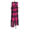 Chunky pink and black checkered knit scarf with long decorative tassels on a white base - 190x50+15cm / Rose Red