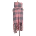 Pink and gray plaid scarf with thick mohair texture and decorative long fringe - 190x50+15cm / Dusty Pink
