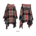 Close-up of green and red plaid hooded poncho featuring black tassels and soft texture - Navy Blue