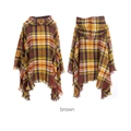 Detailed front and back view of a brown plaid hooded shawl with fringe trim accents - Brown
