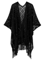Détail d'un châle en maille ajourée noire avec motifs géométriques et bordures à franges - Noir