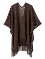 Détail d'un poncho en maille crochet marron foncé avec franges et motifs ajourés chic - Marron
