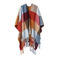 Châle poncho vintage à carreaux et franges avec blocs de couleurs orange et bleu - 150x120cm / Grille Colorée