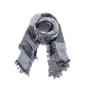 Detail view of winter plaid scarf featuring thick loop yarn and fringed edges in grey - Black and Gray