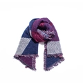 Detail of winter thick shawl scarf showing navy blue burgundy patchwork and fringe edges - Fuschia
