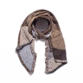 Close-up of thick plaid scarf with fringe detail in brown and grey checkered pattern - Coffee