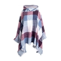 Poncho à capuche pour femme avec motif à carreaux et ourlet à franges en tricot - Rouge Vin et Bleu