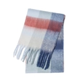 Rainbow plaid mohair scarf in blue and coral colors with long fringed tassel trim - Navy Blue (23#)