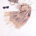 Thick knit plaid scarf with fringe in camel blue and orange checkered pattern - 210*70+12cm / Camel