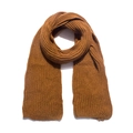 Detailed view of the vertical stripe knit texture on a thick brown acrylic scarf - Brown