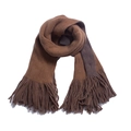Detailed view of brown knit scarf featuring thick wool-like texture and long fringed edges - 195x33cm / Beige and Coffee